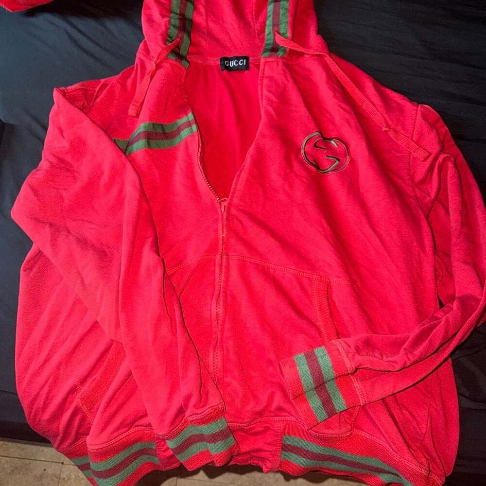 Gucci Red Full-Zip Hoodie with Web Stripe and Interlocking G Logo